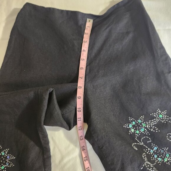 Larry Levine Women 8P Black Linen Blend Floral Beaded Crop Pant Side Zip Casual - Picture 13 of 16